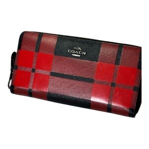 Coach Buffalo Plaid Red & Black Checkered Zip Around Wallet